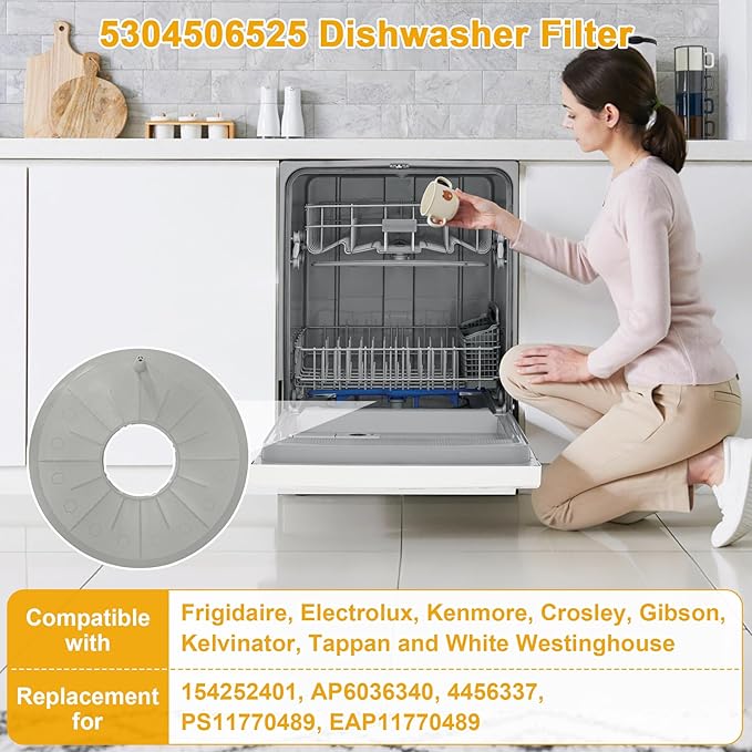5304506525 Dishwasher Filter, Compatible with Frigidaire, Electrolux, Kenmore, Crosley, Gibson, Kelvinator, Tappan; Replacement for 154252401, AP6036340, 4456337, PS11770489, EAP11770489