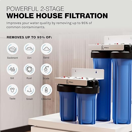 iFilters Whole House Filtration System Complete Dual Stage Sediment Chlorine Taste Odor VOC's, 1" Ports, Multicolor