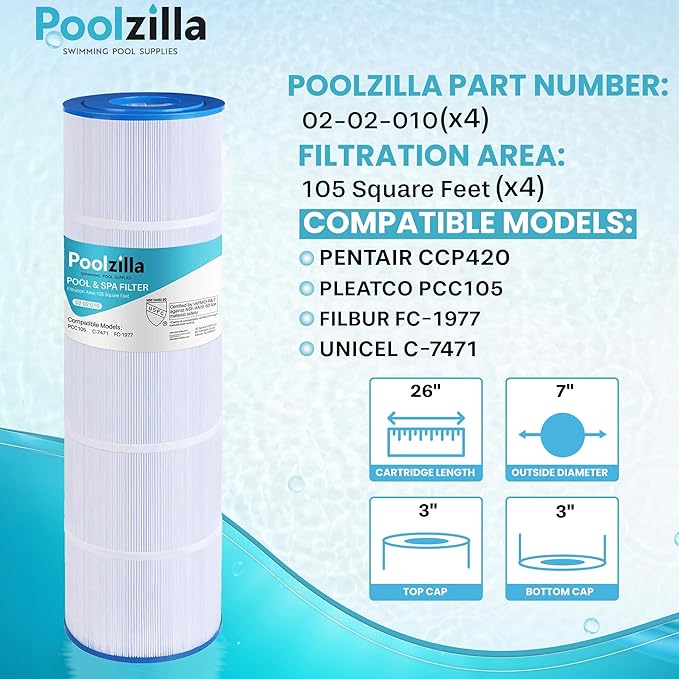 Poolzilla [4 Pack Pool Filter Cartridge Replacement for PCC105, Filbur FC-1977, 570-0425-07, Unicel C-7471, R173576, Pentair CCP420, 178584, 817-0106, 160301 [L x OD: 26" x 7'']