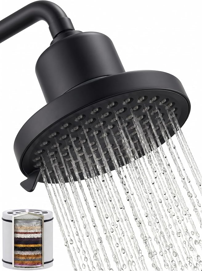 360 Degree Rotated Black Shower Head ＆ Filter COMBO ! Anti - Chlorine Hard Water Filtered Shower Heads 6Inch- 7 Sprays High Pressure Showerheads with 25 Stage Filtration for Adult and Baby