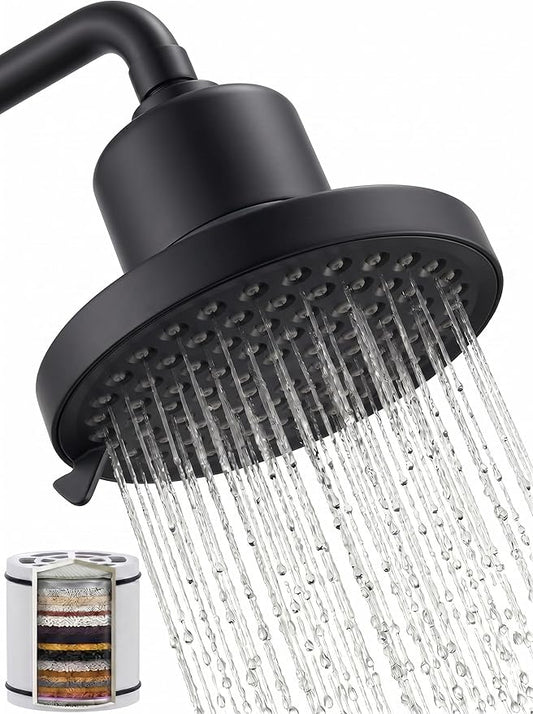 360 Degree Rotated Black Shower Head ＆ Filter COMBO ! Anti - Chlorine Hard Water Filtered Shower Heads 6Inch- 7 Sprays High Pressure Showerheads with 25 Stage Filtration for Adult and Baby