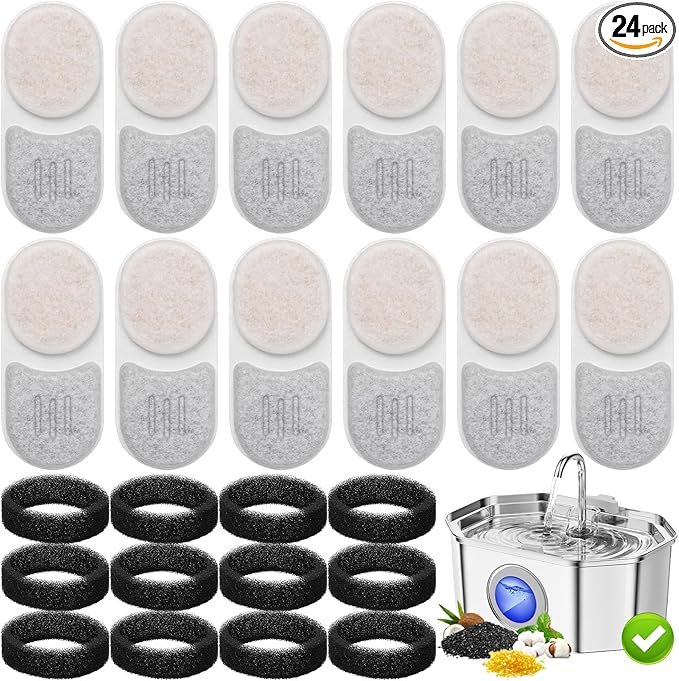 24 Pack Cat Water Filters for APAUK Automatic Pet Fountain 108oz/3.2L, Ion Exchange Resin with Activated Carbon Replacement Filters, 12 Pack Filter &12 Pack Sponges