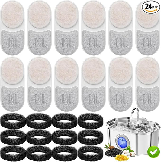 24 Pack Cat Water Filters for APAUK Automatic Pet Fountain 108oz/3.2L, Ion Exchange Resin with Activated Carbon Replacement Filters, 12 Pack Filter &12 Pack Sponges