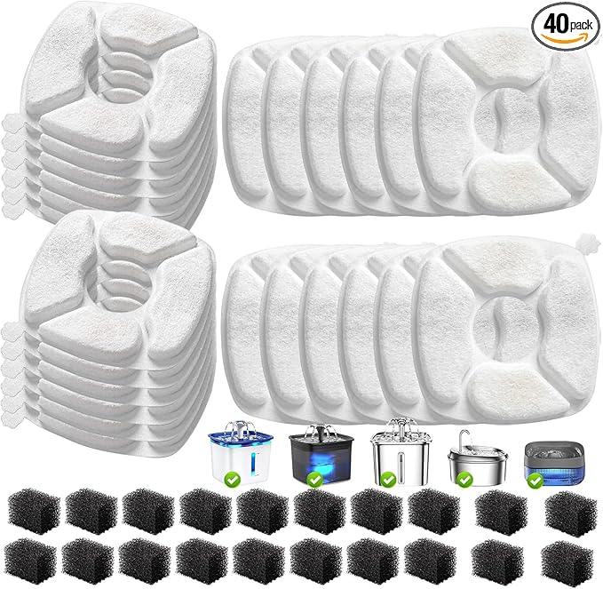 40 Pcs Cat Water Fountain Replacement Filters-20 Pack Cat Fountain Filters with 20 Pack Sponges, Enhanced Compatibility Pet Fountain Filter Fit for 95oz/2.8L 135oz/4L 67oz/2L Pet Drinking Fountain