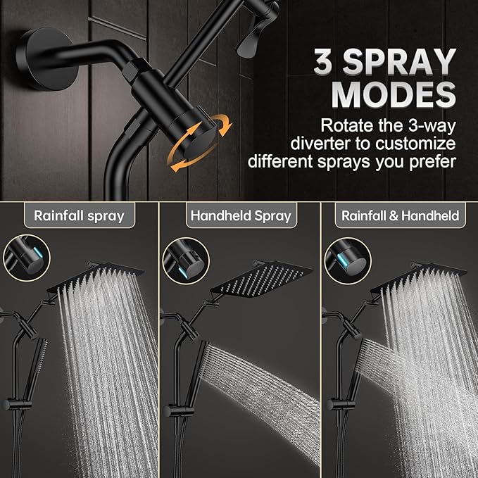 Veken All Metal 10" Black Shower Head with Handheld, Luxurious Square Double Rain Shower Heads with Power Wash Hand Held,Dual High Pressure Detachable Rainfall Showerhead with Arm,Bathroom,Matte Black