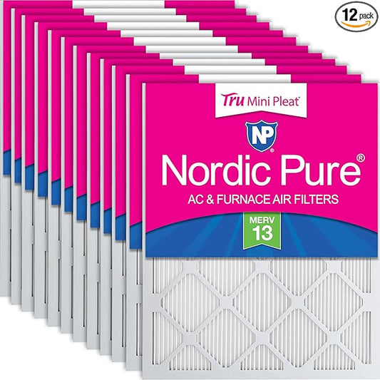 Nordic Pure 20x20x1 (Actual Size: 19 1/2 x 19 1/2 x 3/4) Tru Mini Pleat MERV 13 AC Furnace Air Filters – 2.5X More Media for Longer-Lasting, High-Efficiency Filtration - 12 Pack