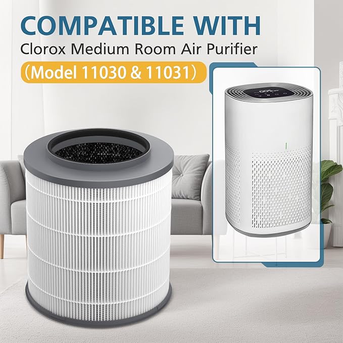 12030 Replacement Filter, Compatible with Clorox Medium Room HEPA Air Purifier 11030 & 11031, 1,000 Sq. Ft. Capacity, 3-in-1 HEPA Filter for Dust, Pet Dander, Pollen, #12030, 2-Pack