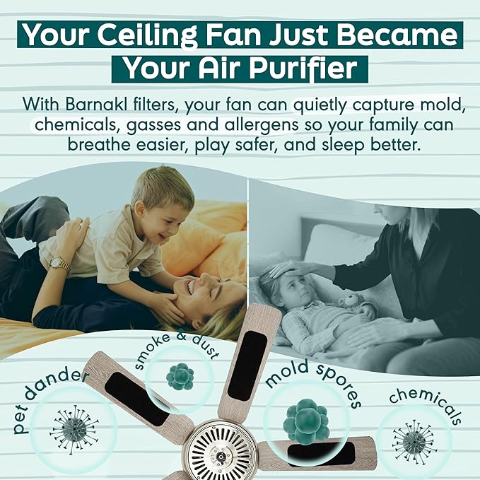 Barnakl Ceiling Fan Air Purifier Pads, Activated Coconut Shell Carbon Filters Trap Dust, Odors & Allergens, Easy-Stick Universal Fit for Ceiling Fan Blades, Odorless & Unscented - 3 Count