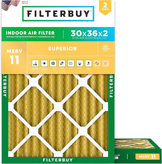Filterbuy 30x36x2 Air Filter MERV 11 Superior Pet & Allergy Defense (2-Pack), Electrostatic Pleated HVAC AC Furnace Filters Replacement, Made in USA (Actual Size: 29.81 x 35.81 x 1.75)
