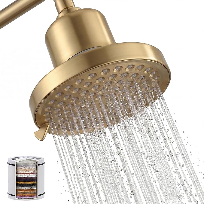 Brushed Gold 360 Degree Rotated Shower Head ＆ Filter COMBO ! Anti - Chlorine Hard Water Filtered Shower Heads - 7 Sprays High Pressure 6" Showerheads with 25 Stage Filtration for Adult and Children