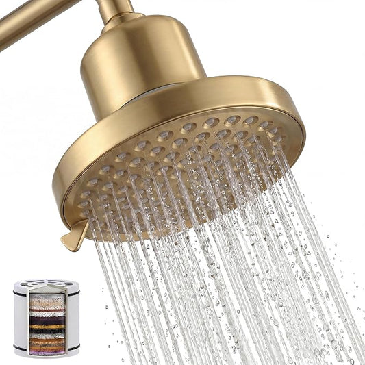 Brushed Gold 360 Degree Rotated Shower Head ＆ Filter COMBO ! Anti - Chlorine Hard Water Filtered Shower Heads - 7 Sprays High Pressure 6" Showerheads with 25 Stage Filtration for Adult and Children
