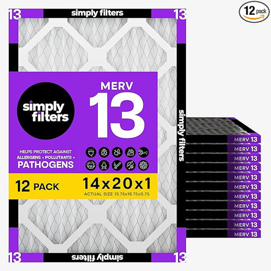 Simply 14x20x1 Air Filter, MERV 13, 12 Pack, For Home AC Furnace & HVAC (Actual Size: 13.75"x19.75"x0.75") DUST, Pet, & Allergy Control