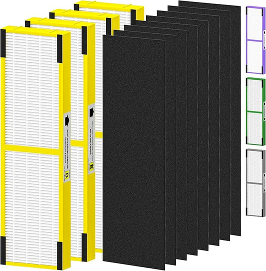 4 Pack FLT4825 Filter B Replacement Compatible with G-Guardian Air Purifiers AC4825 AC4825E AC4825W AC4850 AC4300 AC4800 AC4900 for Home, 4 True Efficient Filters and 8 Carbon Pre-Filters Set, Yellow