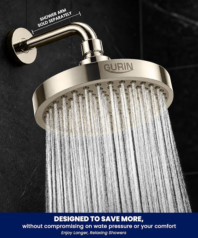 GURIN Shower Head - Powerful High Pressure Rain Shower Head 6 Inch - Luxury Rainfall Showerhead with Adjustable Angles, 90 Anti-Clog Nozzles, Tool-Free 1-Min Install, Premium Brushed Nickel Finish
