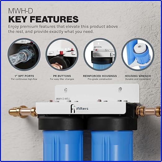 iFilters Whole House Filtration System Complete Dual Stage Sediment Chlorine Taste Odor VOC's, 1" Ports, Multicolor