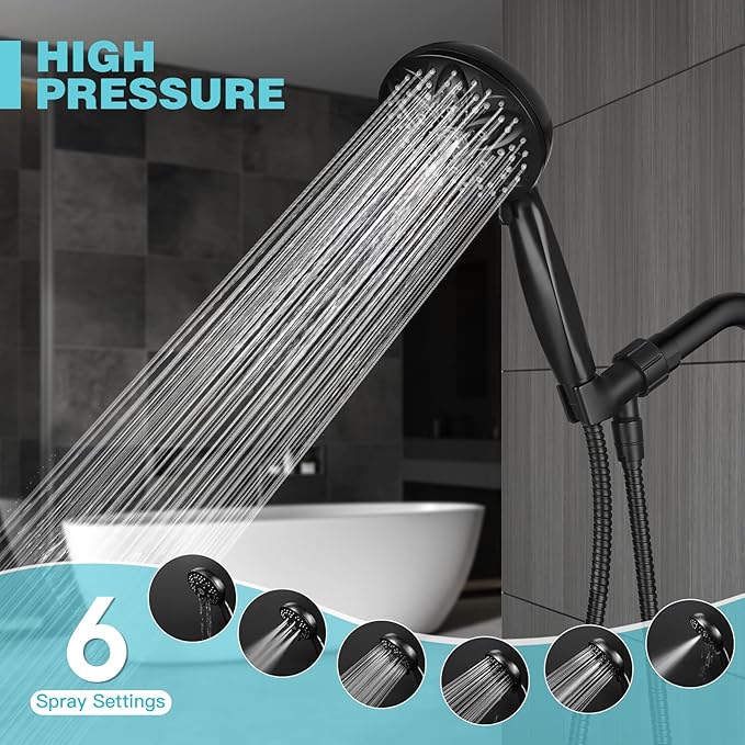 JDO Shower Head with Handheld, High Pressure Handheld 6 Settings, Detachable Shower Head Set with Stainless Steel Hose and Shower Bracket (Matte Black)