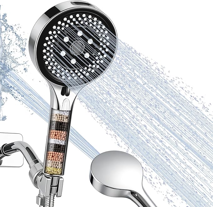 Filtered High Pressure 7-Function Shower Head with Handheld – 5.24" Spray Nozzles, 59" Stainless Steel Hose & Adjustable Shower Holder for Full Body Coverage Chrome