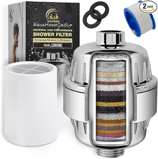 AquaHomeGroup 20 Stage Shower Head Filter with Vitamin C E A - High Output Filter to Reduce Chlorine and Fluoride - 2 Cartridges Included - Consistent Flow Showerhead Filters