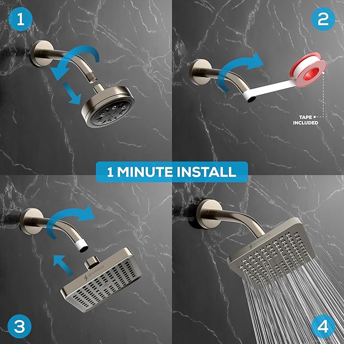 SparkPod Shower Head - High Pressure Rain - Premium Quality Luxury Design - Easy Clean Adjustable Replacement for Your Bathroom Shower Heads (Elegant Brushed Nickel, 6 Inch Square)