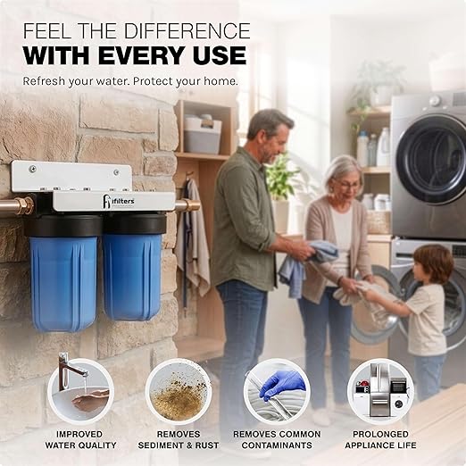 iFilters Dual Stage 4.5” x 10” Whole House Well Water Filtration System | Complete Commercial Grade System | Sediment and KDF/GAC Big Blue Filter | Removes Sediment, VOCs, Chlorine, Taste, Odor (CTO)