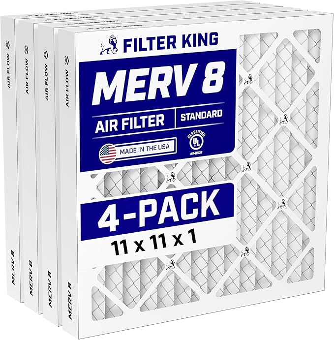 Filter King 11x11x1 Air Filter (MERV 8) (4-Pack) Dust & Allergy Control AC Furnace Filters, MADE IN USA, HVAC, Pleated, Electrostatic (Actual Size: 10.5 x 10.5 x .75)