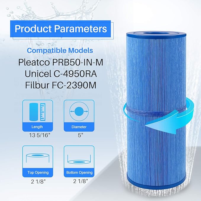 POOLPURE Replacement for Spa Filter Pleatco PRB50-IN-M, Unicel C-4950RA, Guardian 413-212-02, Filbur FC-2390M,17-2380,Jacuzzi J200 Series Filter,373045, 5X13 Hot Tub Filter, 1 Pack
