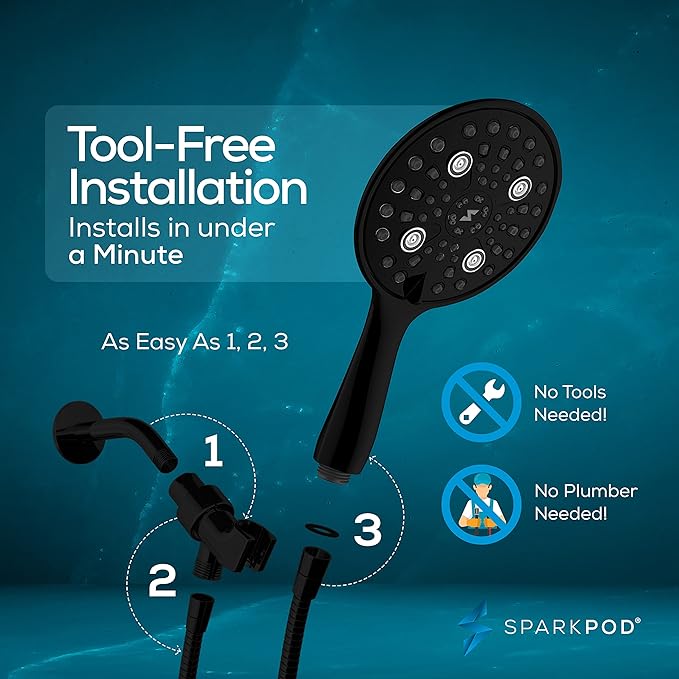 SparkPod 6 Spray Setting High Pressure Hand Held Shower Head - 6" Wide Angle Handheld Shower Head Set with Brass Swivel Ball Bracket and 70 Inch Long Hose - Luxury Design (Midnight Black Matte)
