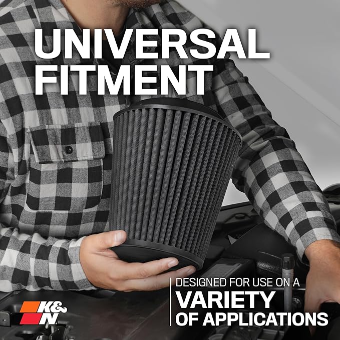 K&N Dryflow Lifetime Universal Clamp-On Air Filter: Dry Synthetic, Washable, Oil-Free: Flange Diameter: 6 In, Filter Height: 6 In, Flange Length: 1 In, Shape: Round Tapered, RU-3102HBK