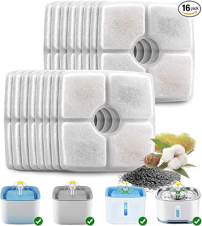 16 Pack Cat Water Filters, Replacement Filters for 84oz/2.5L Square Pet Fountains, Automatic Water Dispenser