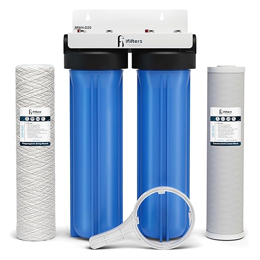 iFilters MWH-D20 Whole House Water Filtration System, 20 x 4.5 Dual-Stage Whole House Water Filter System, Sediment & CTO Carbon Filtration for Chlorine, Rust, Sand, Dirt & Odor Reduction