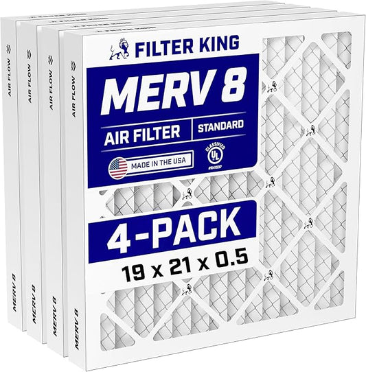 Filter King 19x21x0.5 Air Filter (MERV 8) (4-Pack) Dust & Allergy Control AC Furnace Filters, MADE IN USA, HVAC, Pleated, Electrostatic (Actual Size: 18.5 x 20.5 x 0.5)