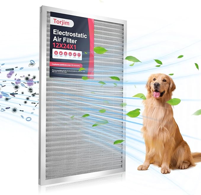 Torjim 12x24x1 Air Filter-MERV8, Washable & Reusable AC/HVAC Permanent Electrostatic Furnace Filters, Breathe Fresher, Easy Install