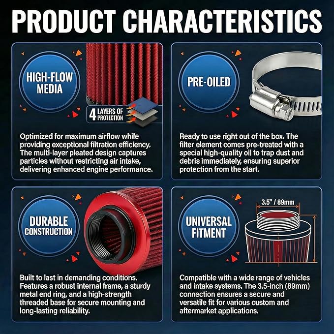 Universal Clamp-On Air Intake Filter, High Performance, Washable Filter, Replacement Air Filter, Flange Diameter 3.5inch/89mm (Red)