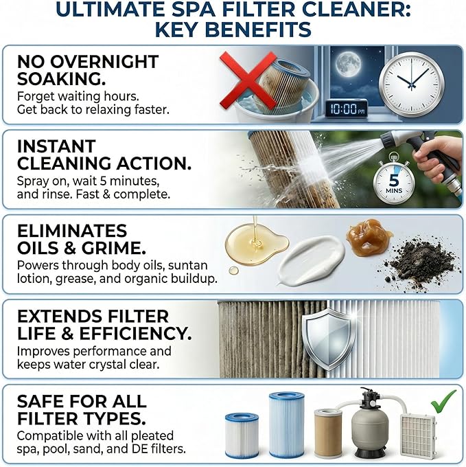 Ultimate Spa Filter Cleaner Fast-Acting Spray. Instant clean for Hot Tub & Pool Filters leaving behind no sticky residue. Prolongs filter life and pool equipment. No soaking. (1-Gallon)