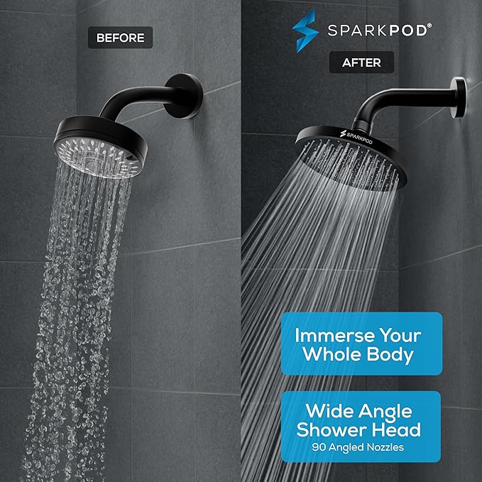 SparkPod Shower Head - High Pressure Rain - Premium Quality Luxury Design - Easy Clean Adjustable Replacement for Your Bathroom Shower Heads (Midnight Black Matte, 8 Inch Round)