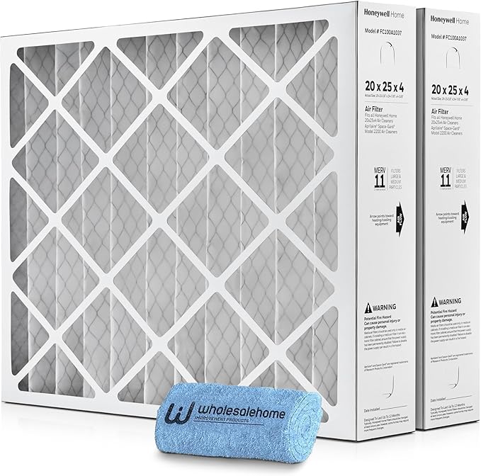 20x25x4 Air Filter Replacement MERV 11, FC100A1037 Pleated HVAC AC Furnace Filters with Wholesalehome Cleaning Cloth, 2-Pack (Actual Size: 19.94 x 24.88 x 4.38 Inches)