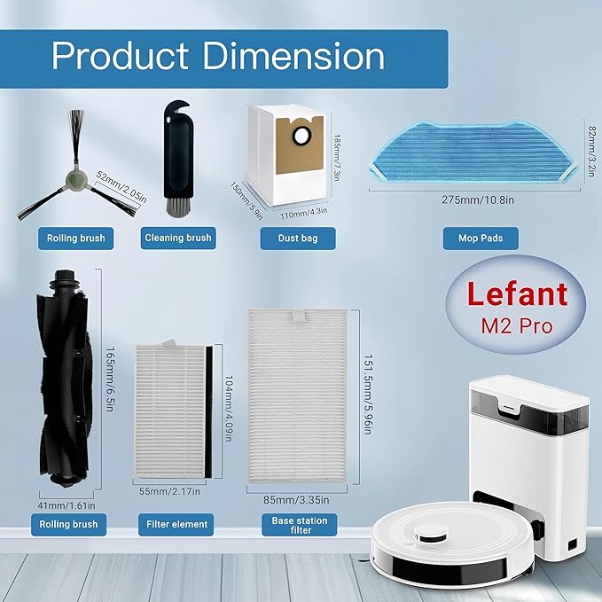 Replacement Parts Compatible with Lefant M2/M2S Pro M2 Plus Robot Vacuum,Roller Brush Filters Mop Pads Base Filters Dust Bags
