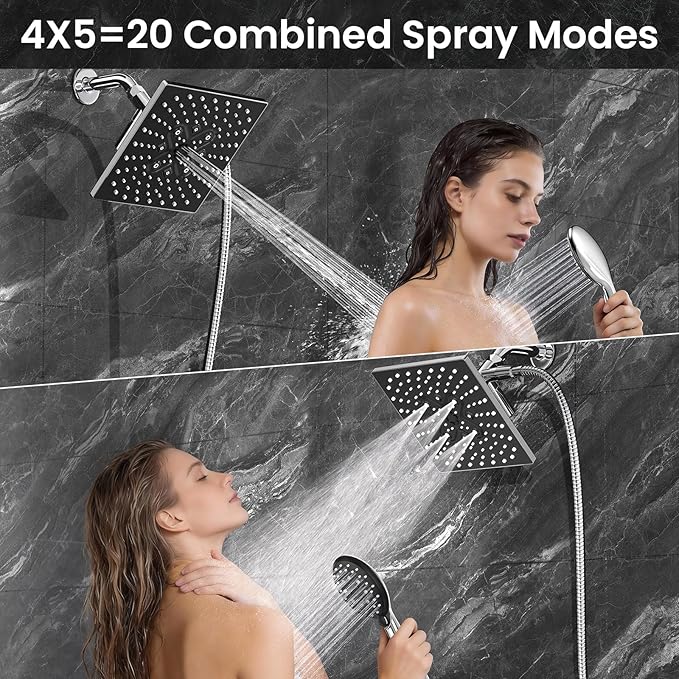 Veken High Pressure Rain Shower Head with Handheld, Square Rainfall Shower Heads with 5-Mode Handheld Spray Combo, Detachable Hand Held Showerhead with Hose, Double Regaderas Para, Chrome