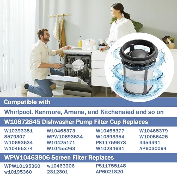 W10872845 Dishwasher Pump Filter Cup WPW10463906 Screen Filter Compatible with Whirlpool Kenmore Amana Kitcheniad Dishwasher 8579307,W10056425,W10142911,W10056426,W10463906, W10195360