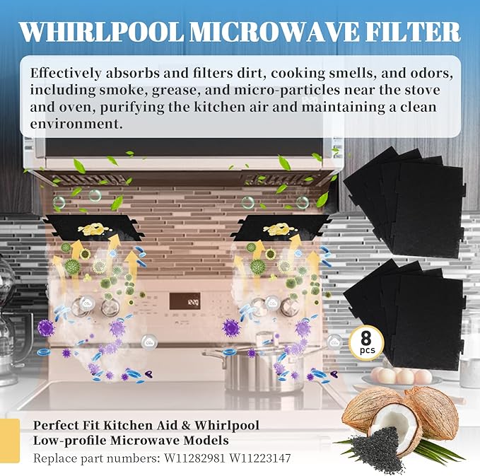 8PCS Replacement Microwave Charcoal Filters - Compatible with Whirlpool Over The Range Microwave Hood Models YKMLS311, YWML55011, WML75011, WML55011HS