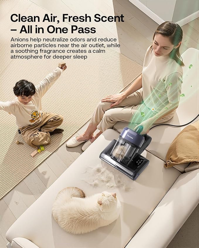 Trucozie Mattress Vacuum Cleaner with 275nm UV-C Light & 149℉ Heat, 16Kpa Powerful Suction Bed Vacuum for Pet Hair & Dander, Smart Dust Sensor, Anion & Aromatherapy, Corded for Bed, Sofa, Couch, Black