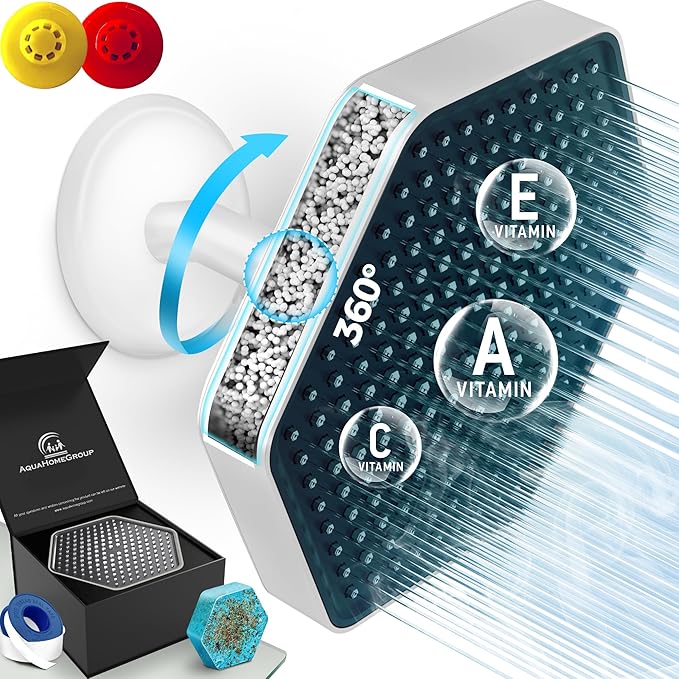 AquaHomeGroup Luxury Rain Shower Head with Filter - Reduces Chlorine, Rust and Sediment - Vitamin C E and A - High Pressure - Spa Effect - White