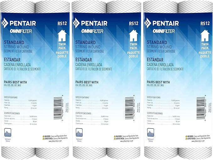 Pentair OMNIFilter RS12 Sediment Water Filter, 10-Inch, Standard Whole House String Wound Sediment Replacement Filter Cartridge, 10" x 2.5", 20 Micron, Pack of 6