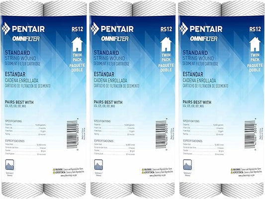 Pentair OMNIFilter RS12 Sediment Water Filter, 10-Inch, Standard Whole House String Wound Sediment Replacement Filter Cartridge, 10" x 2.5", 20 Micron, Pack of 6