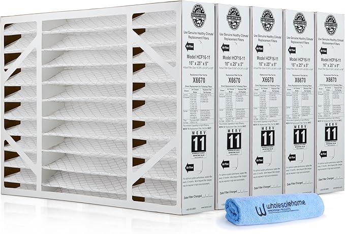 Lennox X6670 16x25x5 Air Filter MERV 11 HVAC AC Furnace Filters, Lennox Healthy Climate Filter for Home with Cleaning Cloth, 5-Pack (Actual Size: 15.75 x 24.75 x 4.38 Inches)