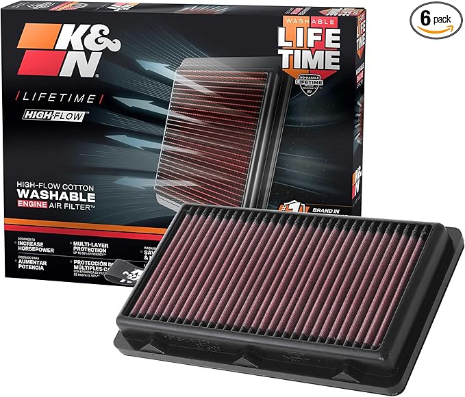 K&N High-Flow Original Lifetime Engine Air Filter:Increase Power:Washable:Compatible with HYUNDAI/KIA:Santa Cruz,Santa FE,Sonata,Staria,Tucson,Carnival,K5, Sedona, Sorento,Sportage, 33-5108,Pack of 6