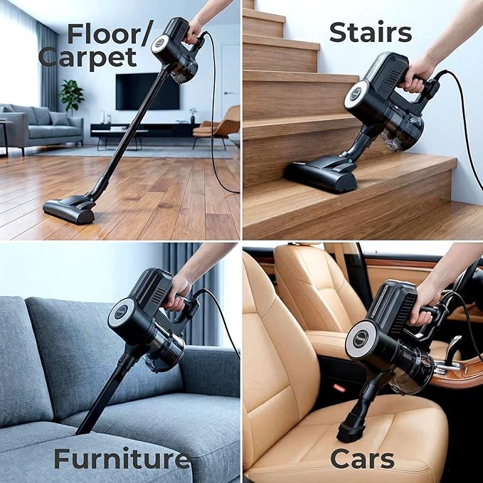 Roomie Tec Corded Stick Vacuum Cleaner - 450W, Lightweight 2-in-1 Handheld with Powerful Suction, Bagless HEPA Filter, Large Dust Capacity (Black)