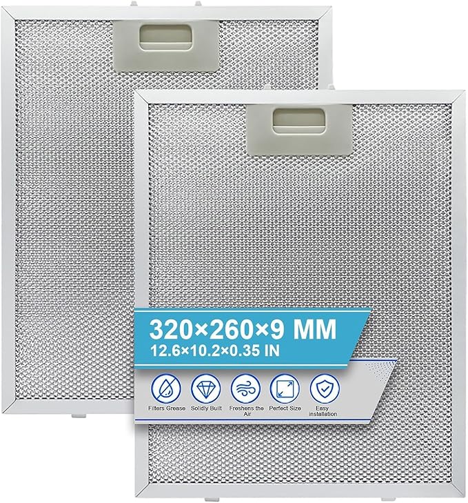 2 Pack Metal Cooker Hood Filter Replacement 320 x 260 x 9 mm, Kitchen Aluminium Extractor Fan Filter, 5-Layer Mesh Kitchen Hood Grease Filters for Many Leading Brand of Vent Cooker Hood