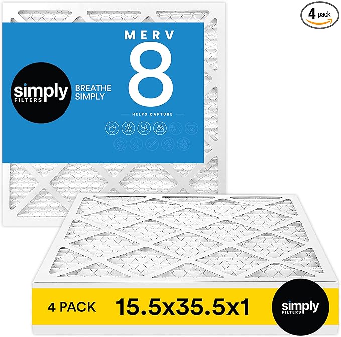 Simply 15.5x35.5x1 Air Filter, Merv 8, 4 Pack, For Home AC Furnace & HVAC (Actual Size: 15.5x35.5x0.75") DUST, Pet, & Allergy Control