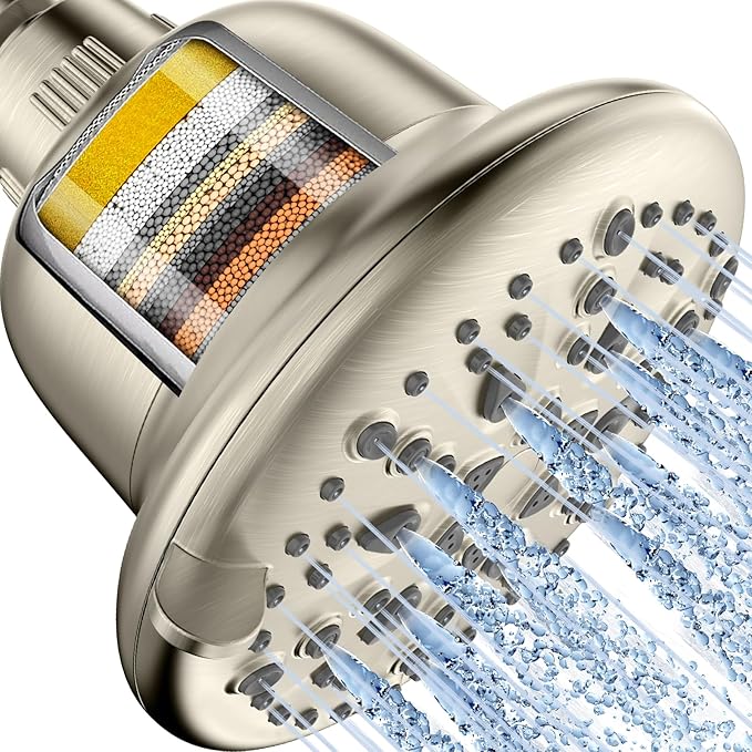 Cobbe Filtered Shower Head, 7 Modes High Pressure Shower Heads - 16 Stage Shower Head Filter for Hard Water for Remove Chlorine and Harmful Substances (Elegant Brushed Nickel, 5 Inch Round)